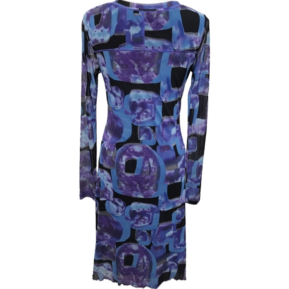 Sao Paolo blue geo mesh ruffle vneck long sleeve midi dress size 6 - Picture 4 of 7